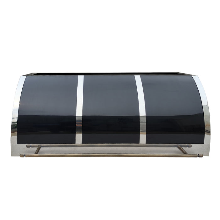 stainless steel black range hood barrel shape with polished stainless steel straps and antique brass pot rail at RangeHoodMaster