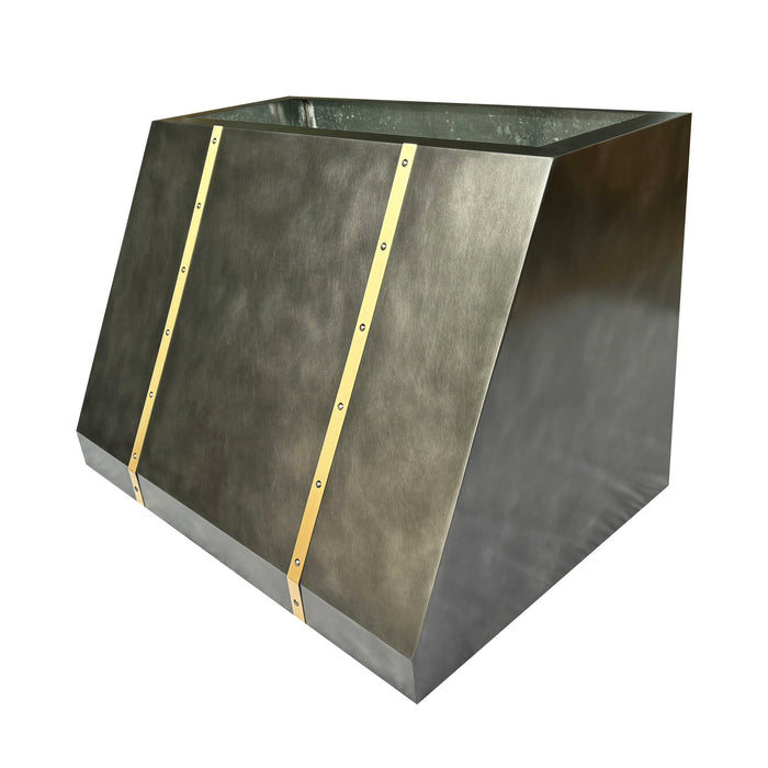 rangehoodmaster custom sloped shaped metal range hood with antique black zinc finish