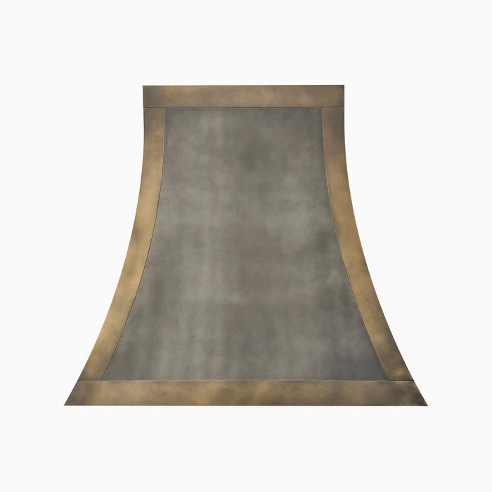 custom zinc range hood antique black zinc with non-directional antique brass straps curved shape at RangeHoodMaster
