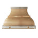 Custom warm brass range hood with luxury pot rack in designer kitchen interior