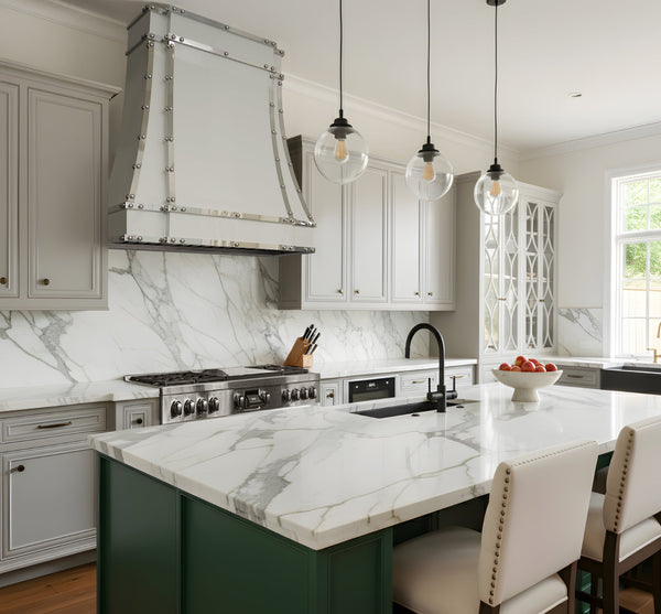 custom stainless steel range hood custom modern curve shape in glossy white paint with polished stainless steel straps and large round rivets at RangeHoodMaster