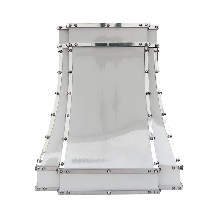 custom stainless steel range hood custom modern curve shape in glossy white paint with polished stainless steel straps and large round rivets at RangeHoodMaster