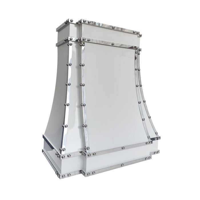 custom stainless steel range hood custom modern curve shape in glossy white paint with polished stainless steel straps and large round rivets at RangeHoodMaster
