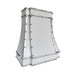 custom stainless steel range hood custom modern curve shape in glossy white paint with polished stainless steel straps and large round rivets at RangeHoodMaster