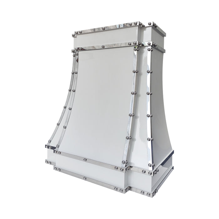 custom stainless steel range hood custom modern curve shape in glossy white paint with polished stainless steel straps and large round rivets at RangeHoodMaster