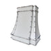 custom stainless steel range hood custom modern curve shape in glossy white paint with polished stainless steel straps and large round rivets at RangeHoodMaster