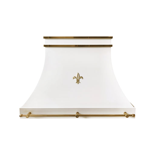 white French style curved range hood with golden polished brass straps and pot rail at rangehoodmaster
