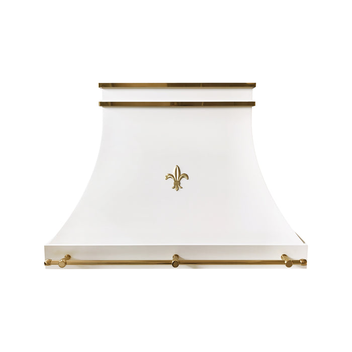 white French style curved range hood with golden polished brass straps and pot rail at rangehoodmaster