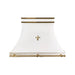 white French style curved range hood with golden polished brass straps and pot rail at rangehoodmaster
