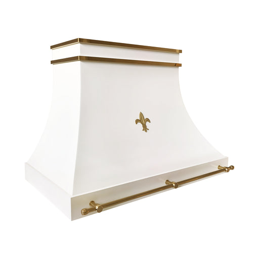 white French style curved range hood with golden polished brass straps and pot rail at rangehoodmaster