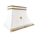 white French style curved range hood with golden polished brass straps and pot rail at rangehoodmaster