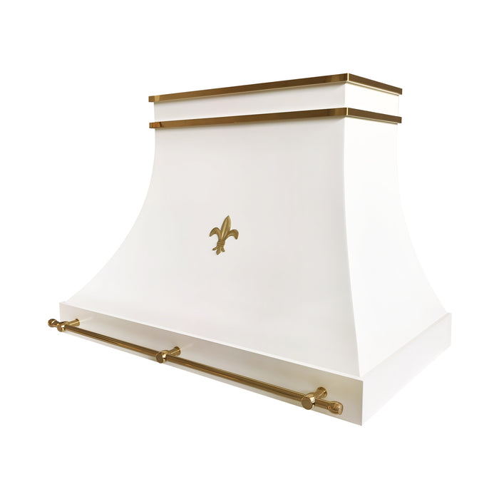 white French style curved range hood with golden polished brass straps and pot rail at rangehoodmaster