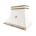 white French style curved range hood with golden polished brass straps and pot rail at rangehoodmaster