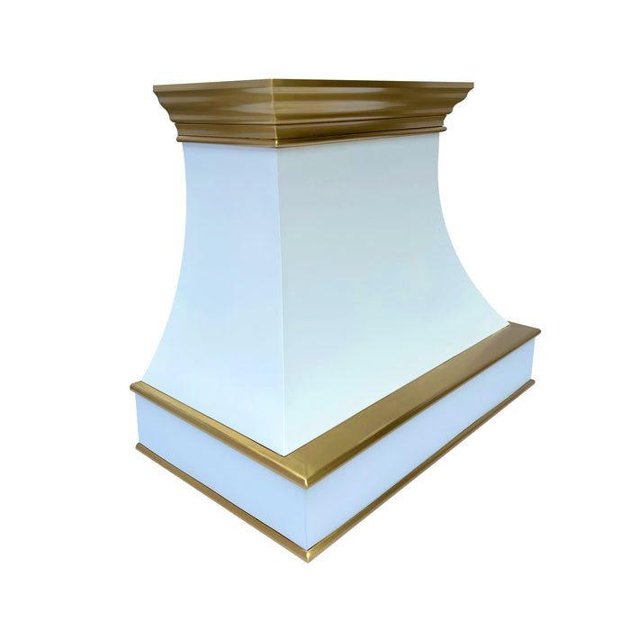 custom matte white stainless steel range hood with golden brass crown molding and trims from RangeHoodMaster