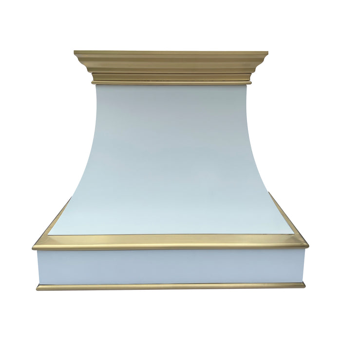 custom matte white stainless steel range hood with golden brass crown molding and trims from RangeHoodMaster