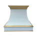custom matte white stainless steel range hood with golden brass crown molding and trims from RangeHoodMaster
