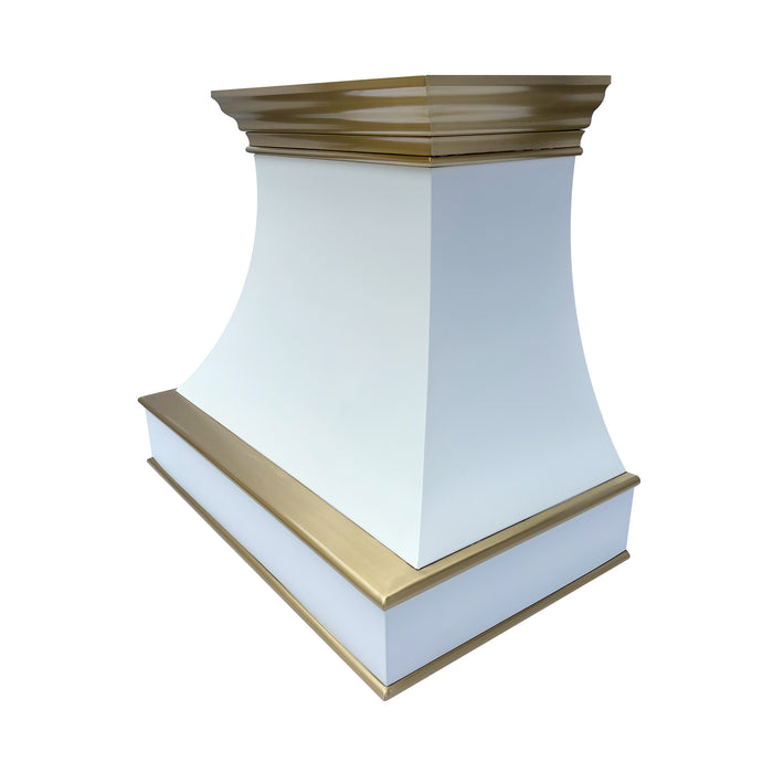 custom matte white stainless steel range hood with golden brass crown molding and trims from RangeHoodMaster