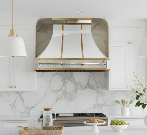 white stainless steel range hood with sleek brushed brass accents and pot rail at RangeHoodMaster