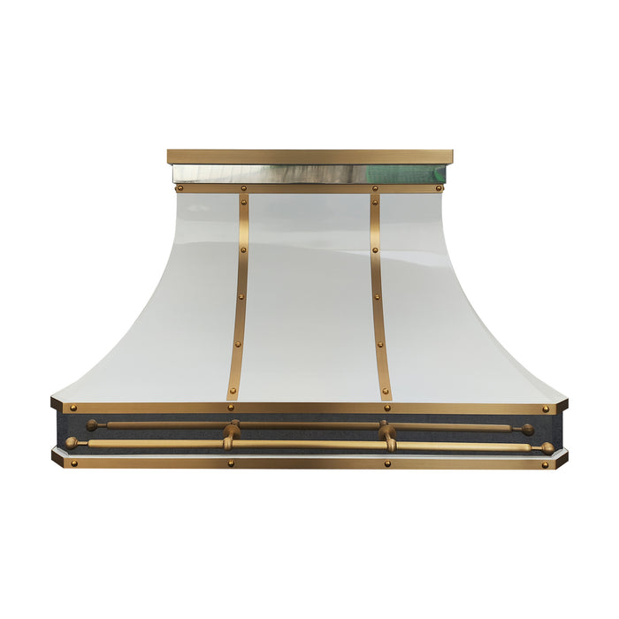 white stainless steel range hood with sleek brushed brass accents and pot rail at RangeHoodMaster