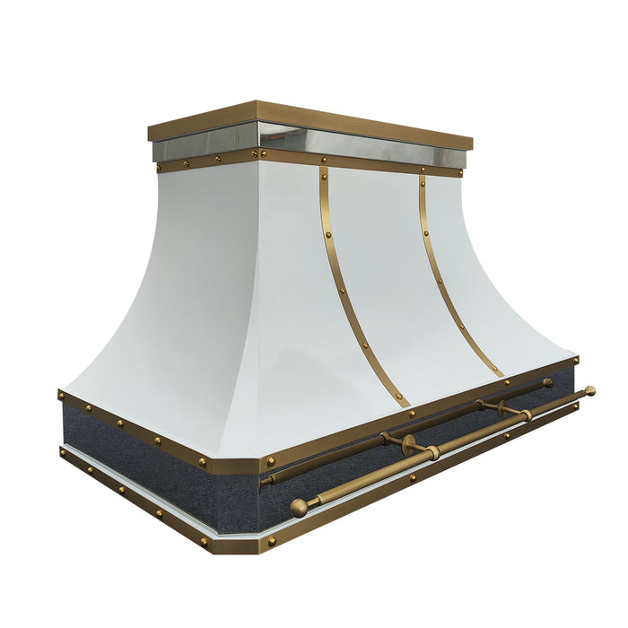 white stainless steel range hood with sleek brushed brass accents and pot rail at RangeHoodMaster