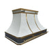 white stainless steel range hood with sleek brushed brass accents and pot rail at RangeHoodMaster