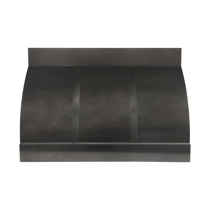 Custom barrel shape zinc kitchen range hood with decorative straps handmade at rangehoodmaster