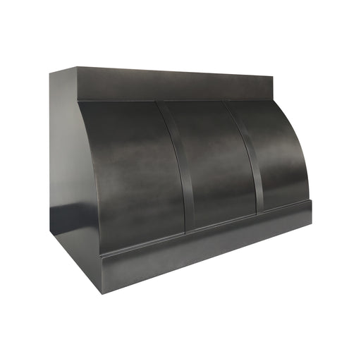 Custom barrel shape zinc kitchen range hood with decorative straps handmade at rangehoodmaster