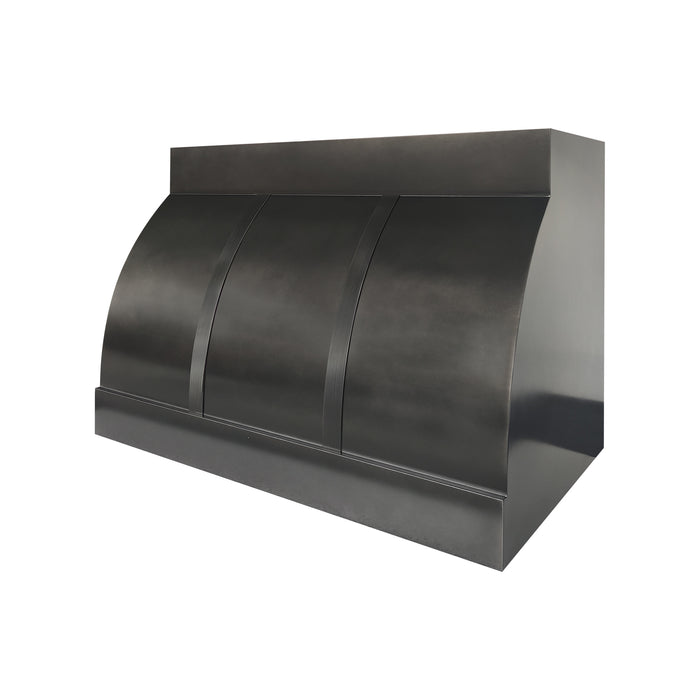 Custom barrel shape zinc kitchen range hood with decorative straps handmade at rangehoodmaster