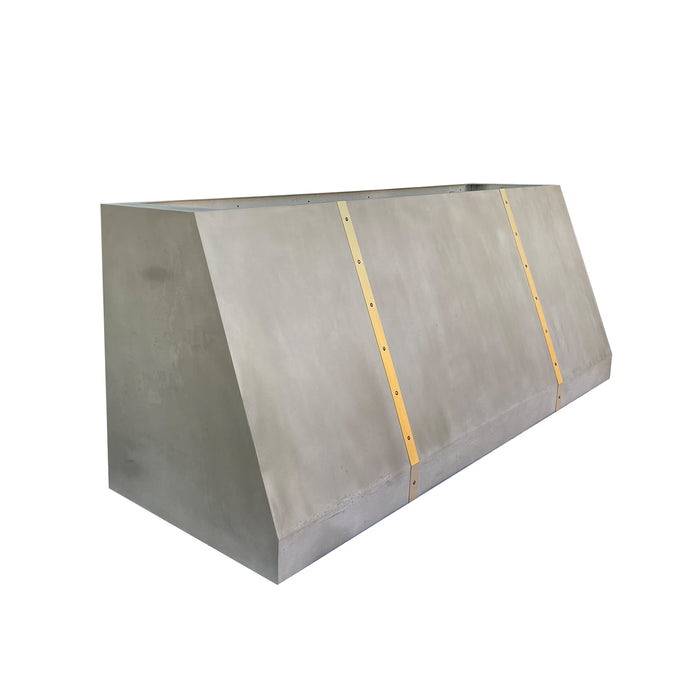 rangehoodmater zinc range hood custom cement gray color with brass straps and rivets decor