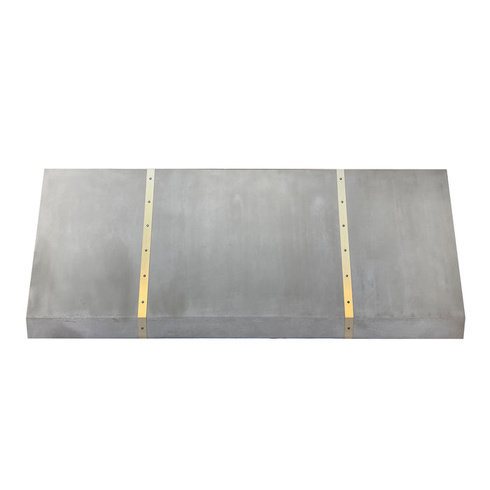 rangehoodmater zinc range hood custom cement gray color with brass straps and rivets decor