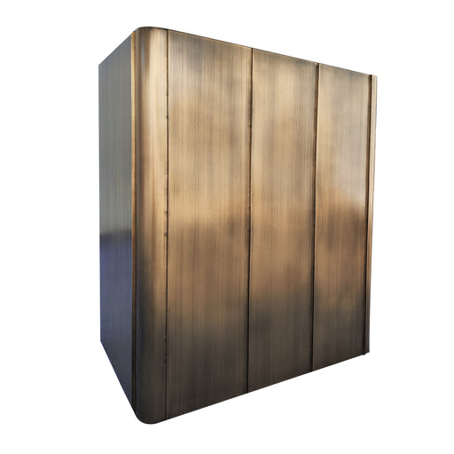 Wall mount antique brass range hood with metal bands for rustic farmhouse kitchens