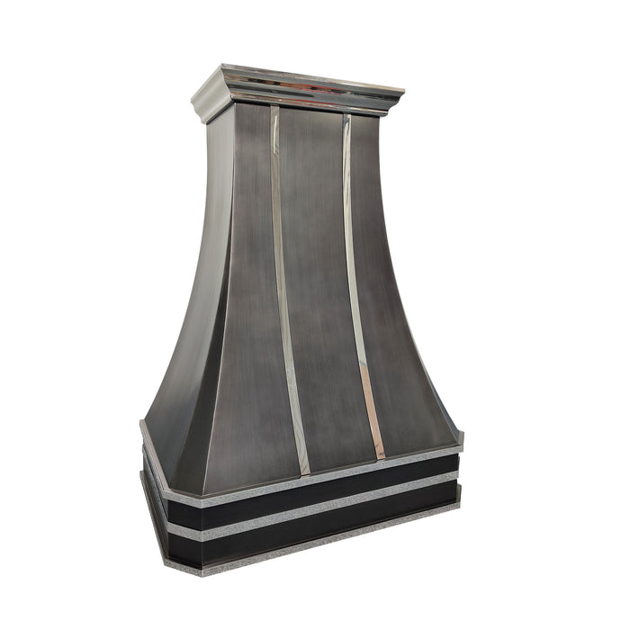 Heavy-Duty Antique Gray Stainless Steel range hood with polished bands for traditional residential kitchens