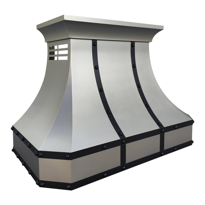classic modern stainless steel range hood brushed finish with black straps and rivets at RangeHoodMaster