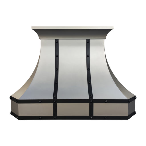 classic modern stainless steel range hood brushed finish with black straps and rivets at RangeHoodMaster
