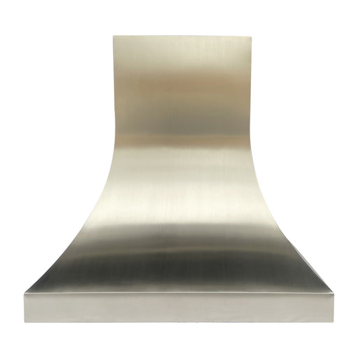 Silver stainless steel range hood with elegant curved design for modern kitchen interiors