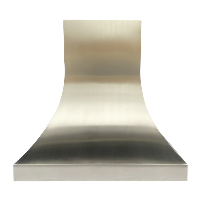 Silver stainless steel range hood with elegant curved design for modern kitchen interiors