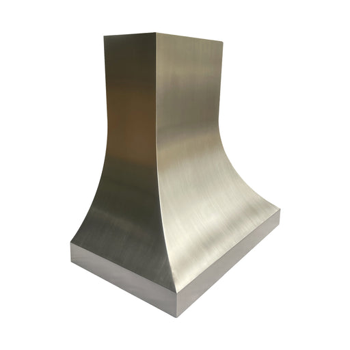 Curved silver stainless steel range hood with sleek contemporary lines for luxury home kitchens