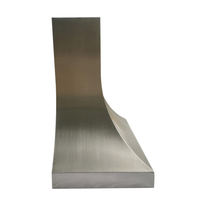 Curved modern silver stainless steel range hood with minimalist design for high-end residential kitchens