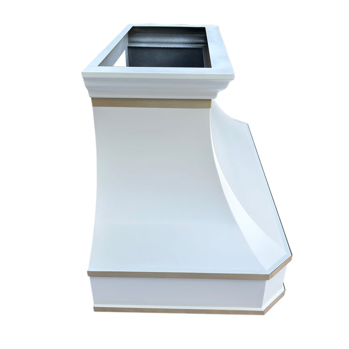Curved white stainless steel range hood with sleek minimalist finish for upscale kitchen interiors