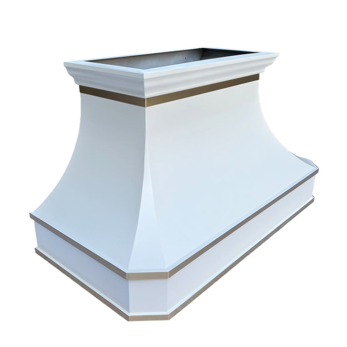 Curved white stainless steel range hood with smooth contour lines for luxury home kitchens