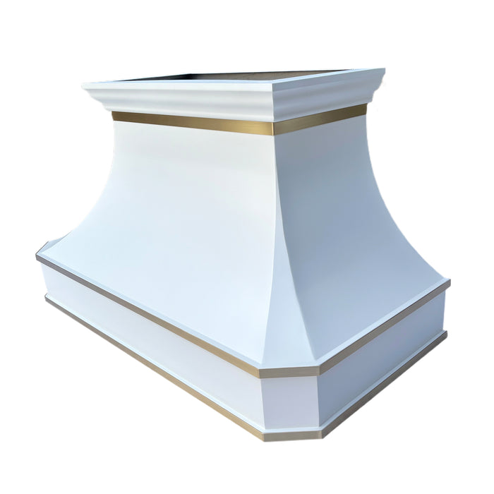 White stainless steel range hood with contemporary curved silhouette for stylish cooking areas
