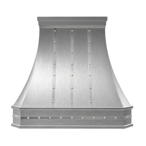 brushed stainless steel vent hood with sleek curved for farmhouse kitchen slope view front view