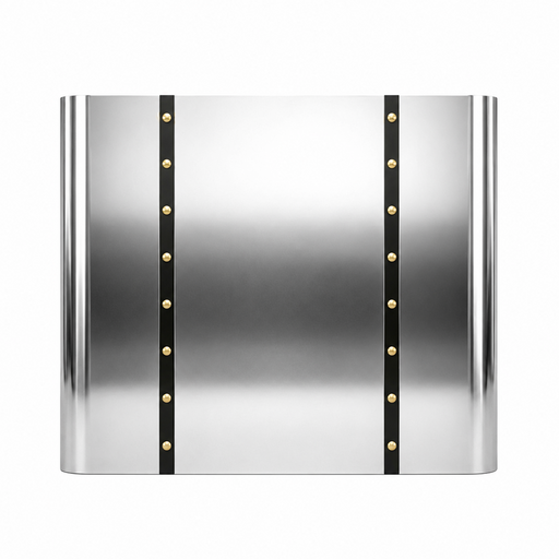 box shaped stainless steel range hood with polished finish and brass round rivets front view