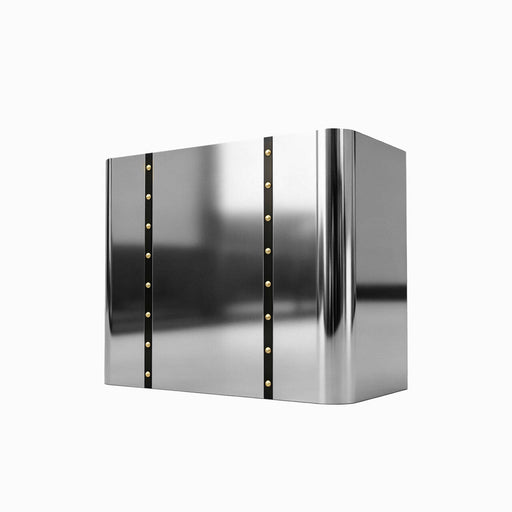 box shaped stainless steel range hood with polished finish and brass round rivets