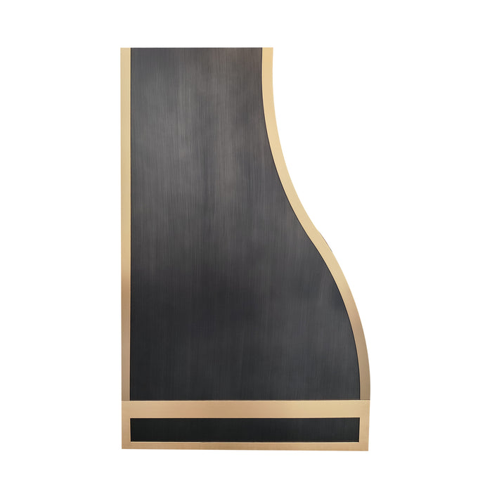 gray stainless steel range hood with durable ogee body and decorative brass embellishments for high-end open kitchen