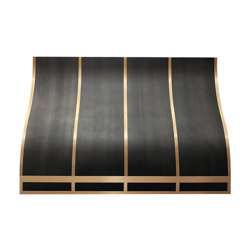 gray stainless steel range hood with ogee style and brass trim for modern luxury kitchen