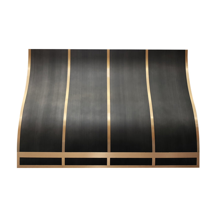 gray stainless steel range hood with ogee style and brass trim for modern luxury kitchen