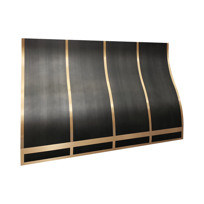 gray stainless steel range hood with custom ogee silhouette and golden brass details for contemporary home kitchen