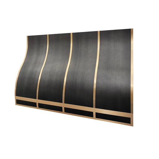 gray stainless steel range hood with custom ogee silhouette and golden brass details for contemporary home kitchen
