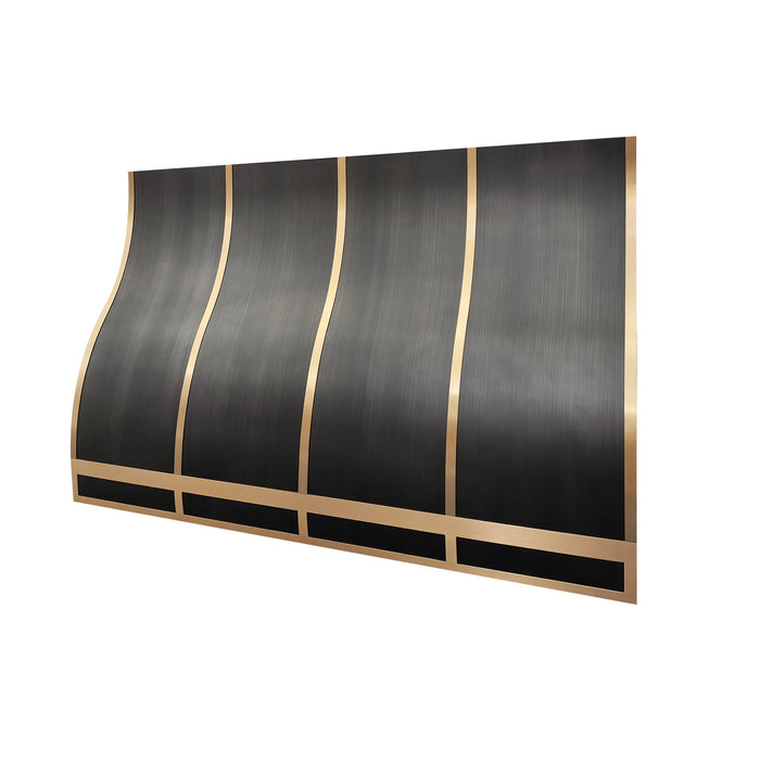 gray stainless steel range hood with custom ogee silhouette and golden brass details for contemporary home kitchen